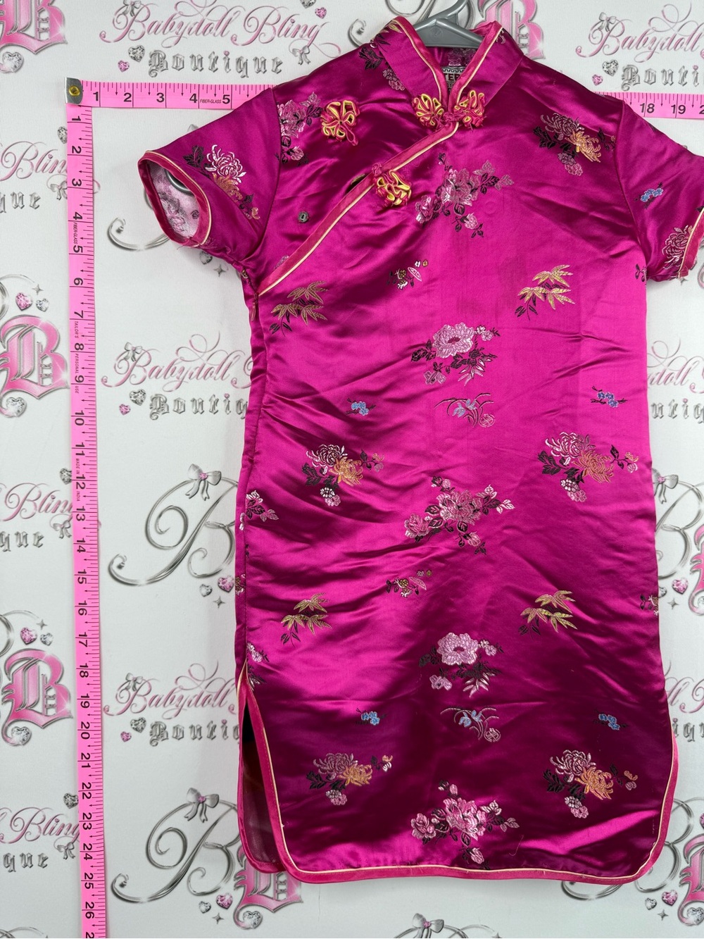 Eastern collection dress Girls' Hot Pink Satin Floral Cheongsam Mandarin Collar - Picture 3 of 10